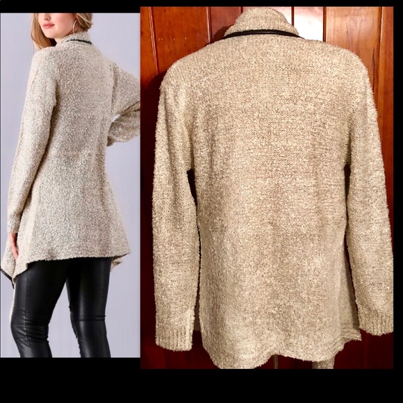 BEIGE OPEN SWING SEQUIN FAUX LEATHER CARDIGAN - Picture 4 of 8